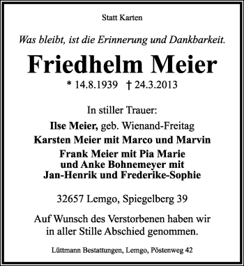 Anzeige  Friedhelm Meier  Lippische Landes-Zeitung