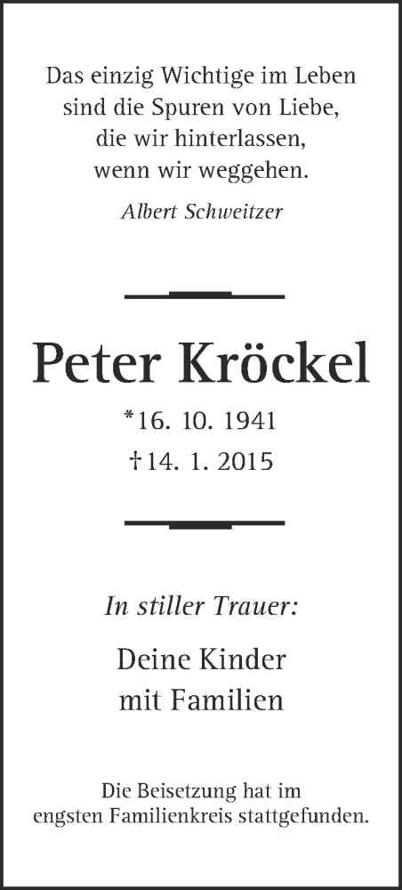  Traueranzeige für Peter Kröckel vom 31.01.2015 aus Lippische Landes-Zeitung