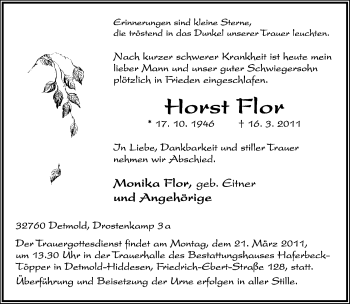Anzeige  Horst Flor  Lippische Landes-Zeitung