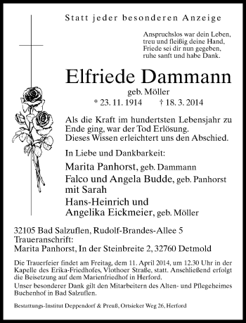 Anzeige  Elfriede Dammann  Lippische Landes-Zeitung