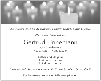 Anzeige  Gertrud Linnemann  Lippische Landes-Zeitung