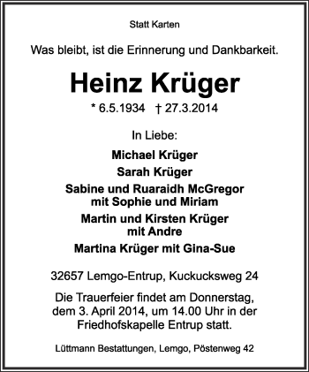 Anzeige  Heinz Krüger  Lippische Landes-Zeitung