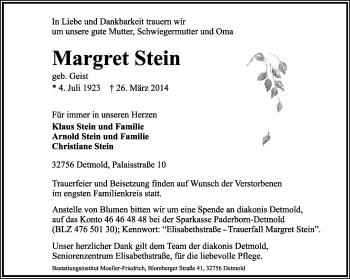 Anzeige  Margret Stein  Lippische Landes-Zeitung