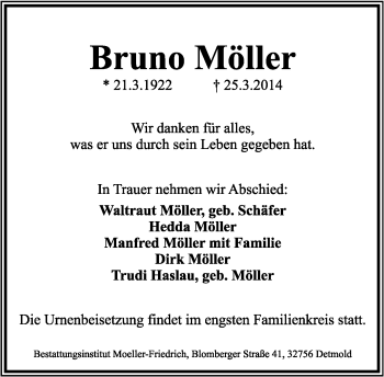 Anzeige  Bruno Möller  Lippische Landes-Zeitung