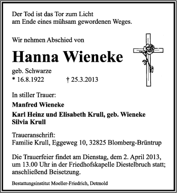 Anzeige  Hanna Wieneke  Lippische Landes-Zeitung