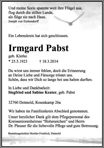 Anzeige  Irmgard Pabst  Lippische Landes-Zeitung
