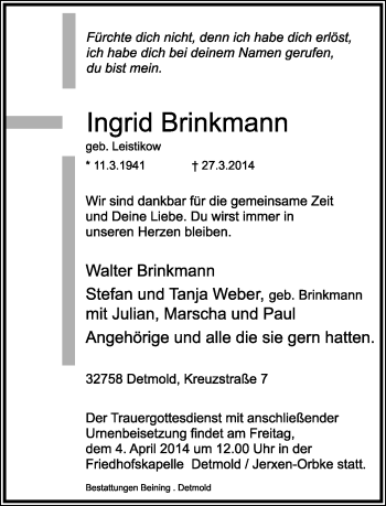 Anzeige  Ingrid Brinkmann  Lippische Landes-Zeitung