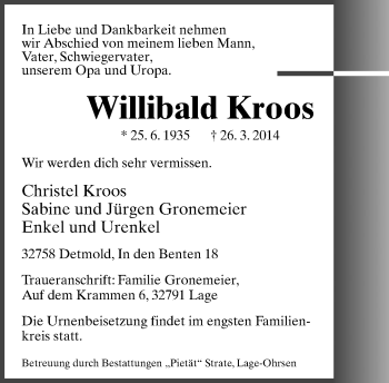 Anzeige  Willibald Kroos  Lippische Landes-Zeitung