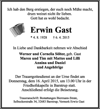 Anzeige  Erwin Gast  Lippische Landes-Zeitung