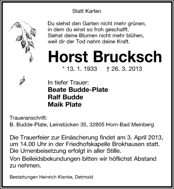 Anzeige  Horst Brucksch  Lippische Landes-Zeitung