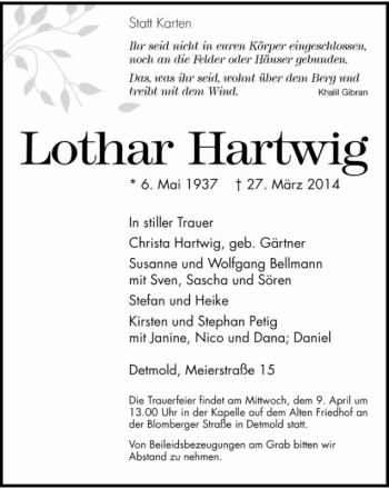 Anzeige  Lothar Hartwig  Lippische Landes-Zeitung