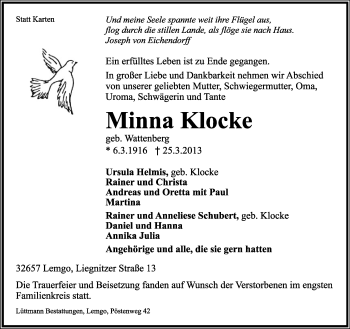 Anzeige  Minna Klocke  Lippische Landes-Zeitung