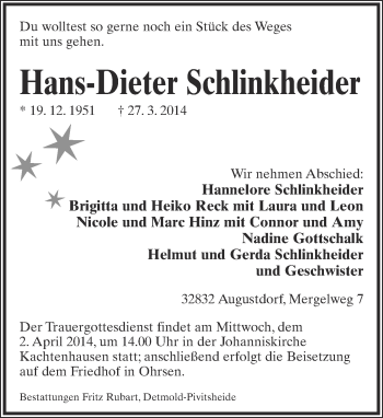 Anzeige  Hans-Dieter Schlinkheider  Lippische Landes-Zeitung