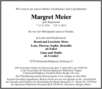 Anzeige  Margret Meier  Lippische Landes-Zeitung