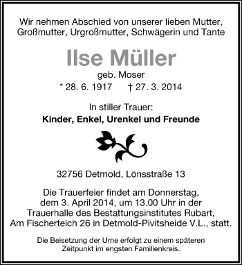 Anzeige  Ilse Müller  Lippische Landes-Zeitung