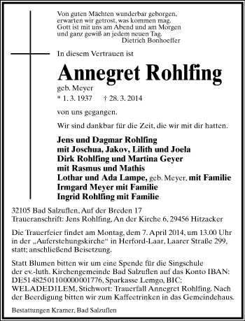Anzeige  Annegret Rohlfing  Lippische Landes-Zeitung