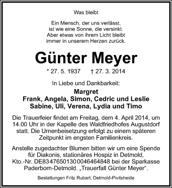Anzeige  Günter Meyer  Lippische Landes-Zeitung