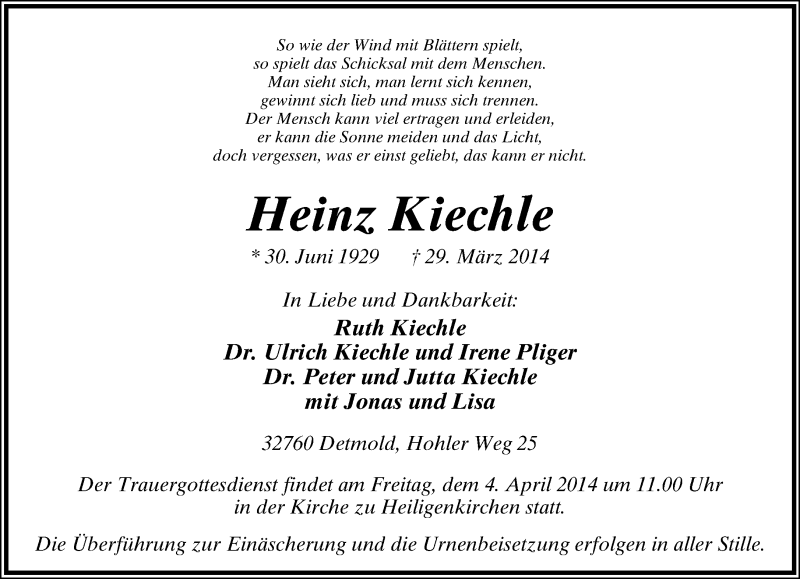  Traueranzeige für Heinz Kiechle vom 02.04.2014 aus Lippische Landes-Zeitung