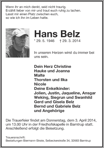 Anzeige  Hans Belz  Lippische Landes-Zeitung