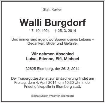 Anzeige  Walli Burgdorf  Lippische Landes-Zeitung