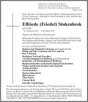 Anzeige  Elfriede Stukenbrok  Lippische Landes-Zeitung