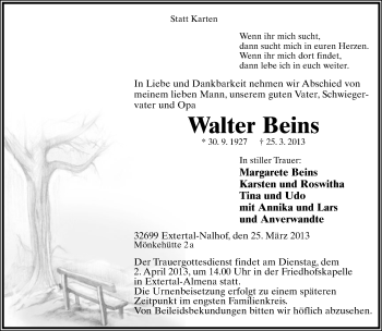 Anzeige  Walter Beins  Lippische Landes-Zeitung