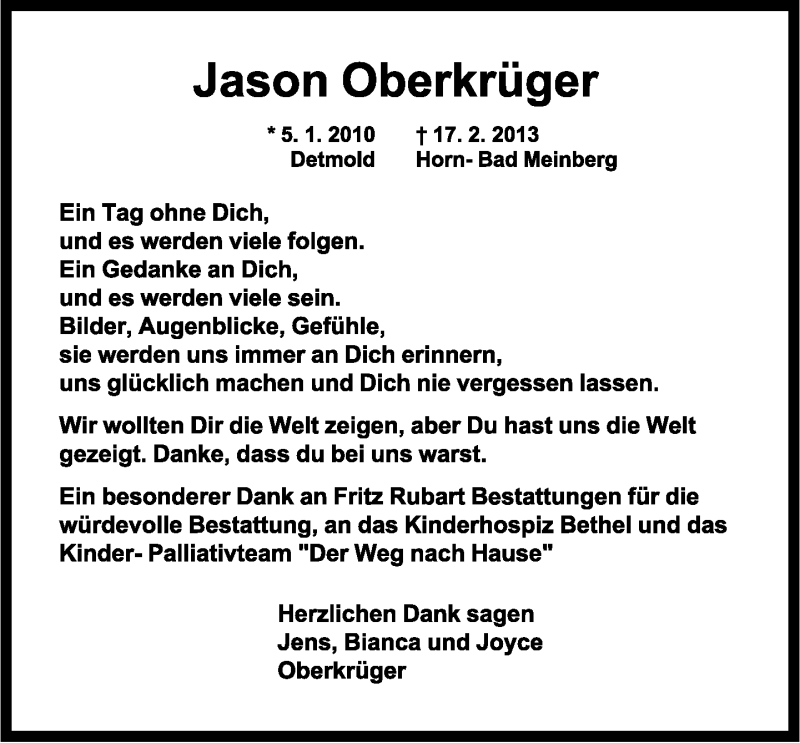  Traueranzeige für Jason Oberkrüger vom 29.03.2013 aus Lippische Landes-Zeitung