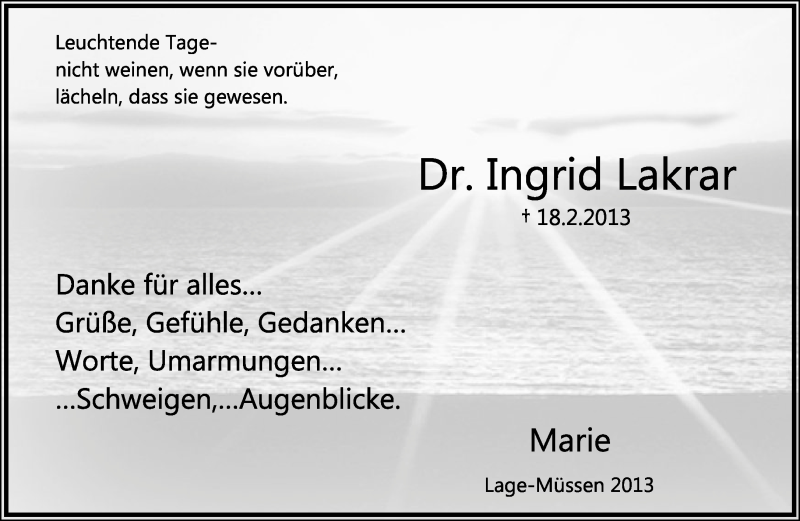  Traueranzeige für Ingrid Lakrar vom 29.03.2013 aus Lippische Landes-Zeitung