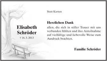 Anzeige  Elisabeth Schröder  Lippische Landes-Zeitung