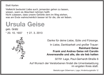 Anzeige  Ursula Geise  Lippische Landes-Zeitung