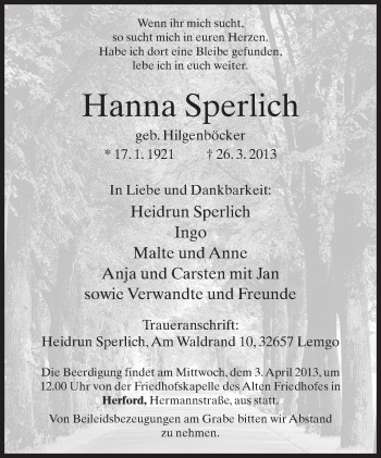 Anzeige  Hanna Sperlich  Lippische Landes-Zeitung
