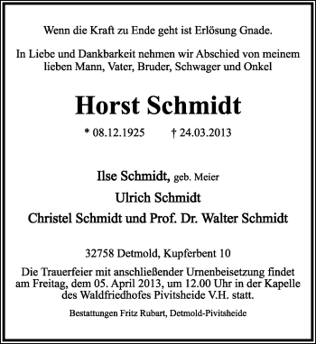 Anzeige  Horst Schmidt  Lippische Landes-Zeitung