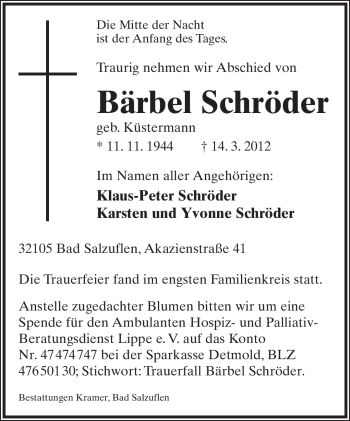 Anzeige  Bärbel Schröder  Lippische Landes-Zeitung