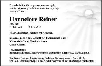 Anzeige  Hannelore Reiner  Lippische Landes-Zeitung