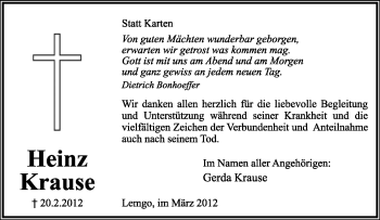 Anzeige  Heinz Krause  Lippische Landes-Zeitung