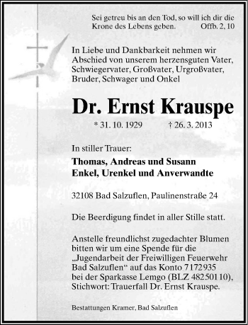 Anzeige  Ernst Krauspe  Lippische Landes-Zeitung