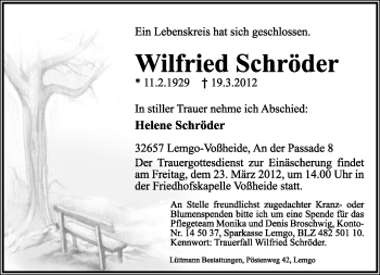Anzeige  Wilfried Schröder  Lippische Landes-Zeitung