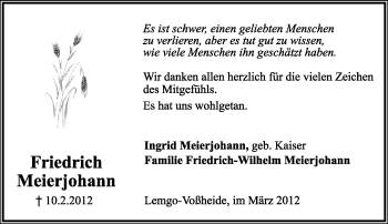 Anzeige  Friedrich Meierjohann  Lippische Landes-Zeitung