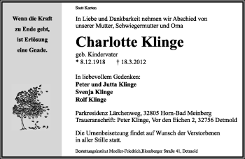 Anzeige  Charlotte Klinge  Lippische Landes-Zeitung