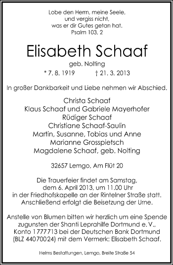 Anzeige  Elisabeth Schaaf  Lippische Landes-Zeitung