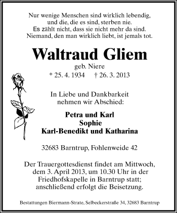 Anzeige  Waltraud Gliem  Lippische Landes-Zeitung
