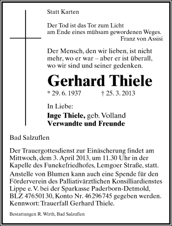 Anzeige  Gerhard Thiele  Lippische Landes-Zeitung