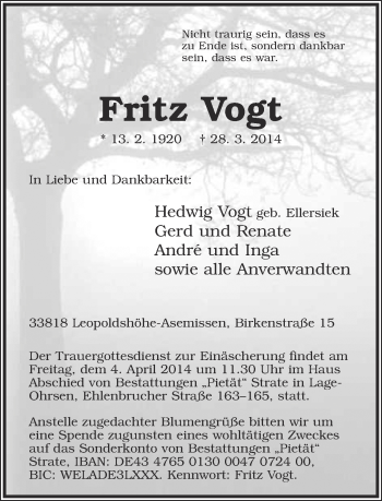 Anzeige  Fritz Vogt  Lippische Landes-Zeitung