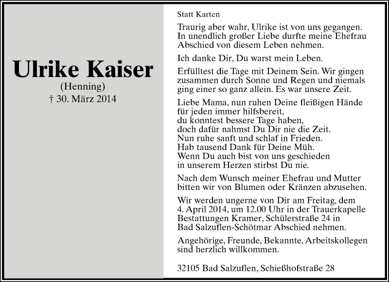  Traueranzeige für Ulrike Kaiser vom 02.04.2014 aus Lippische Landes-Zeitung