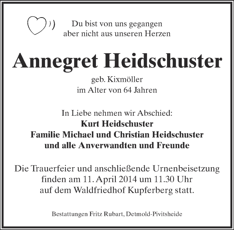  Traueranzeige für Annegret Heidschuster vom 05.04.2014 aus Lippische Landes-Zeitung