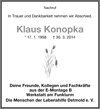 Anzeige  Klaus Konnpka  Lippische Landes-Zeitung