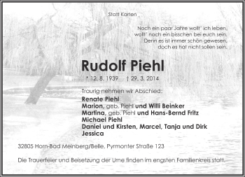 Anzeige  Rudolf Piehl  Lippische Landes-Zeitung