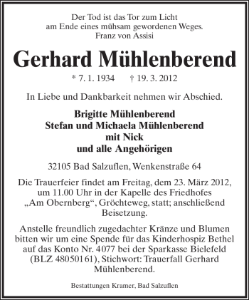 Anzeige  Gerhard Mühlenberend  Lippische Landes-Zeitung