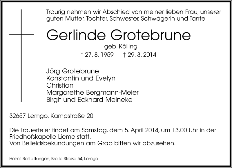  Traueranzeige für Gerlinde Grotebrune vom 02.04.2014 aus Lippische Landes-Zeitung