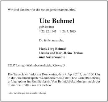 Anzeige  Ute Behmel  Lippische Landes-Zeitung